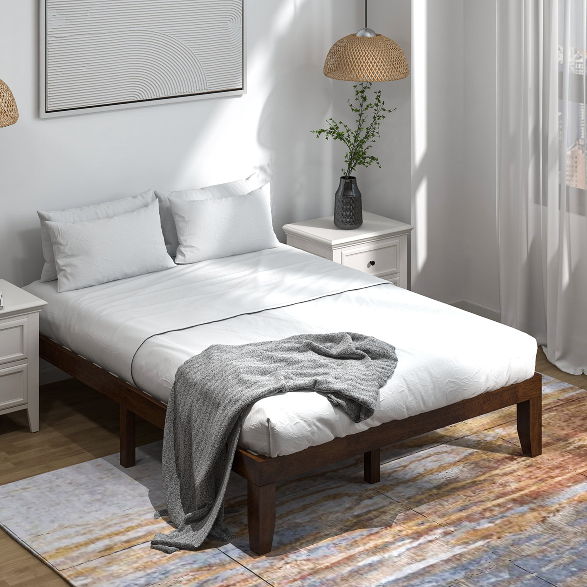 Costway Adult Queen Modern Rubber Wood Platform Bed, Brown Cherry