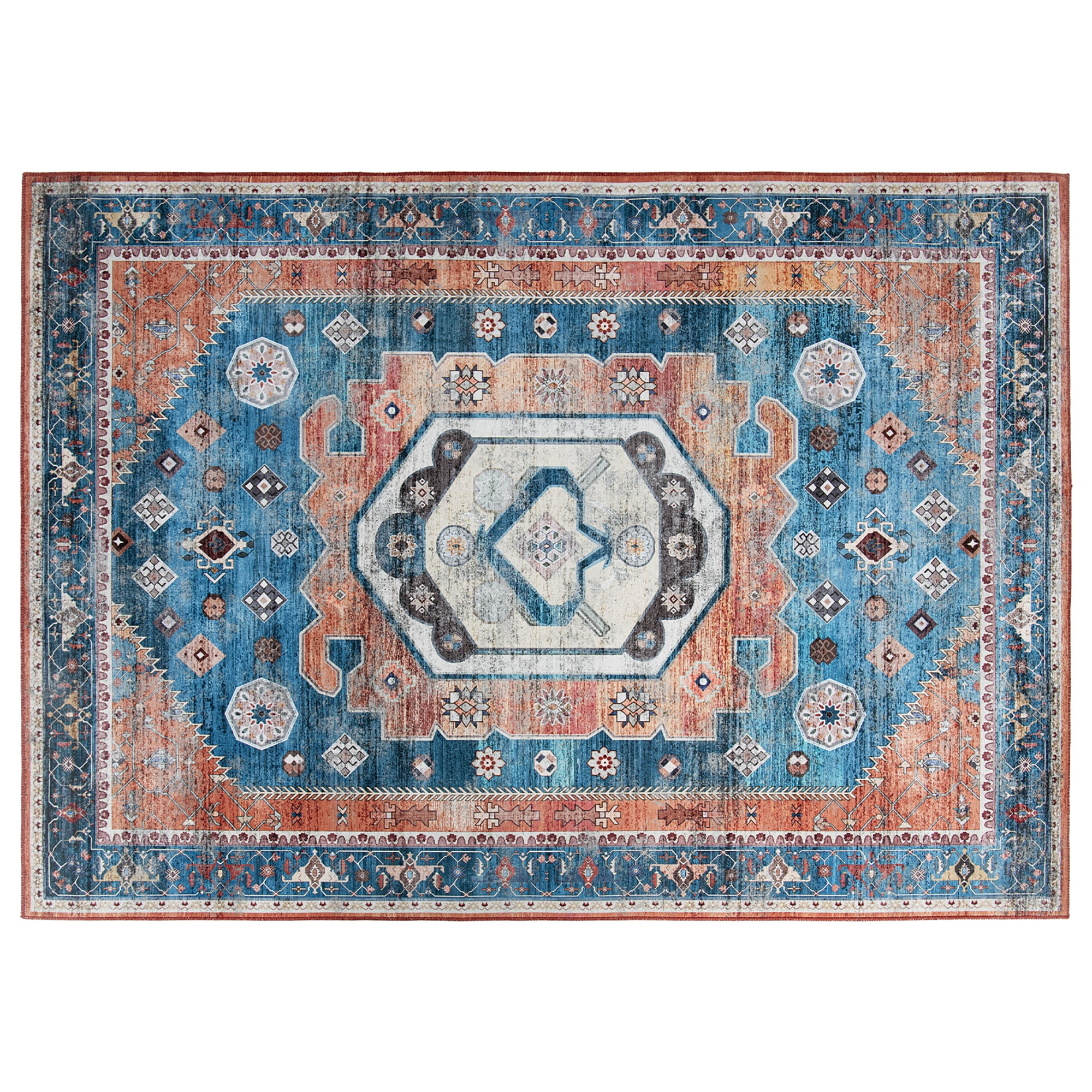 Multicolor Distressed Vintage Synthetic 5' x 7' Non-Slip Area Rug