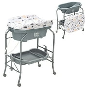 Costway Baby Changing Table w/Bathtub, Folding & Portable Diaper Station w/Wheels  Gray
