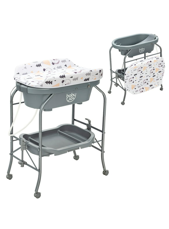 Costway Baby Changing Table w/Bathtub, Folding & Portable Diaper Station w/Wheels  Gray