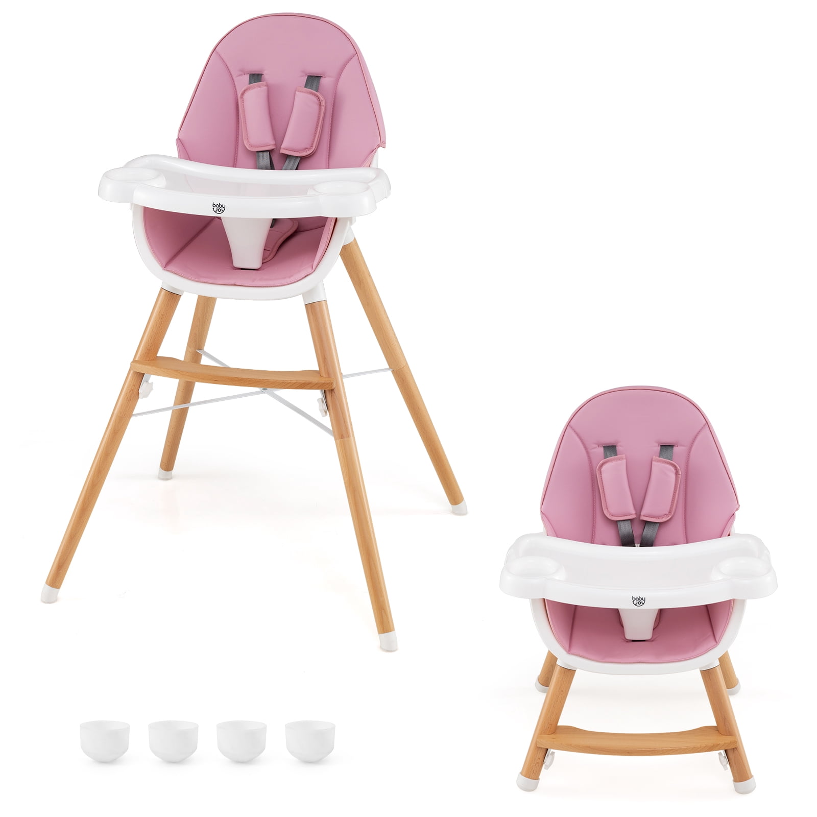 Costway Baby High Chair Wooden Feeding Chair with 4-Gear Tray & Removable Cushion Pink