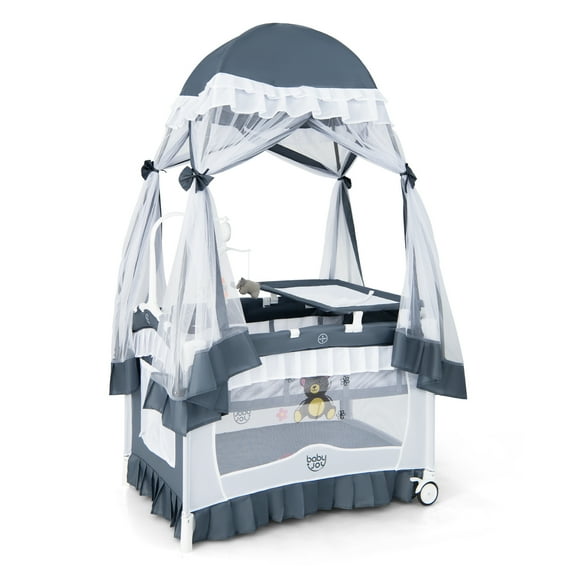 Costway Baby Playard Crib Bed 4 in 1 Portable with Changing Table Canopy Music Box Grey