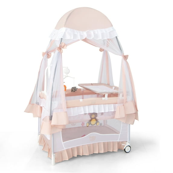 Costway Baby Playard Crib Bed 4 in 1 Portable with Changing Table Canopy Music Box Light Pink
