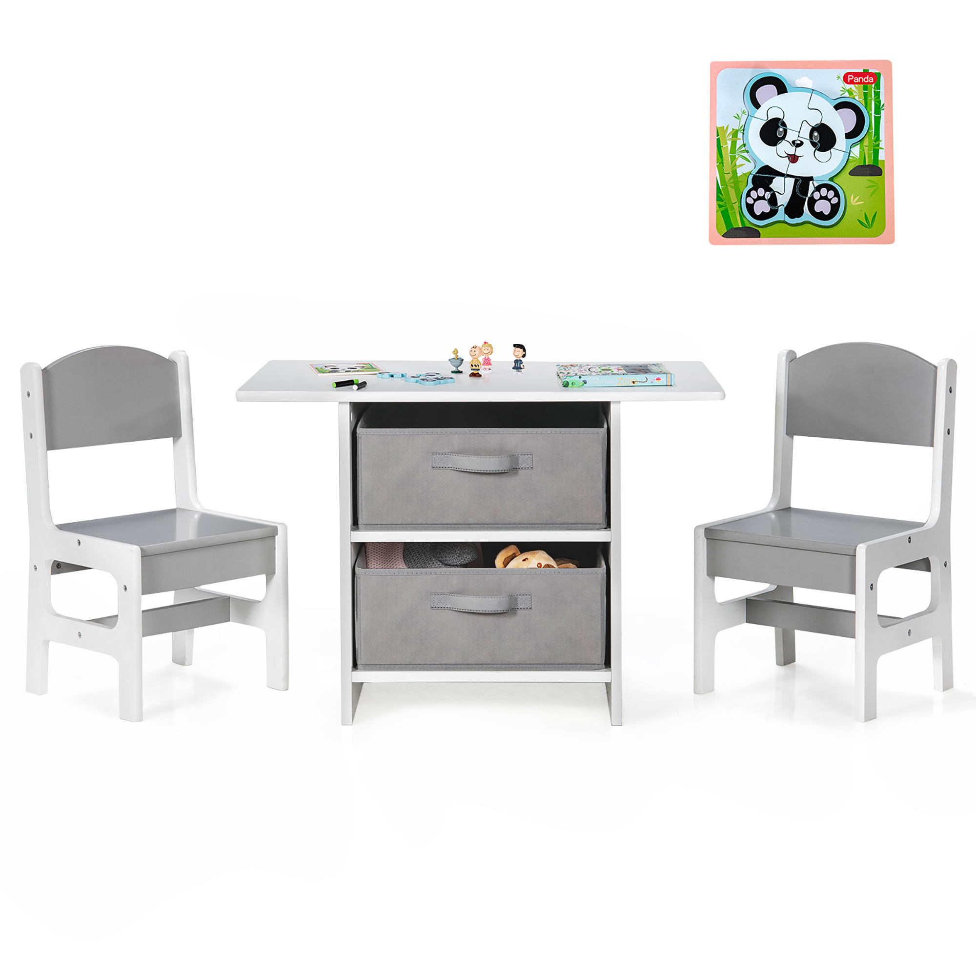 Costway Babyjoy Kids Art Play Wood 2-Piece Chair and Storage Activity Table Set, Grey/White