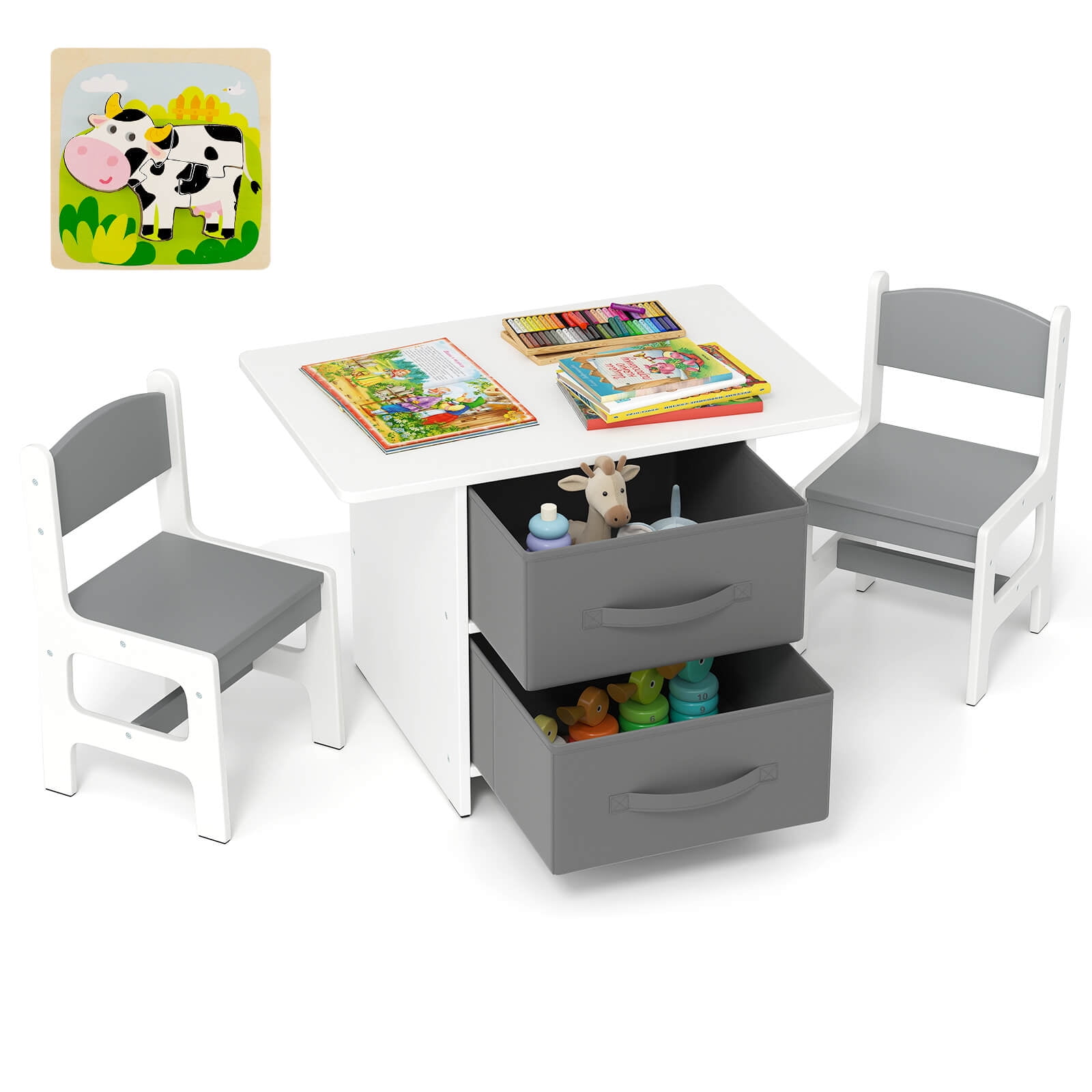 Costway Babyjoy Kids Art Play Wood 2-Piece Chair and Storage Activity Table Set, Grey/White