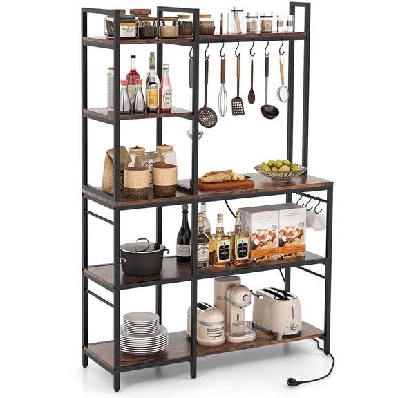 Costway Bakers Rack 5-Tier Coffee Bar Table with 10 S-Shaped Hooks & Power Outlets Rustic Brown