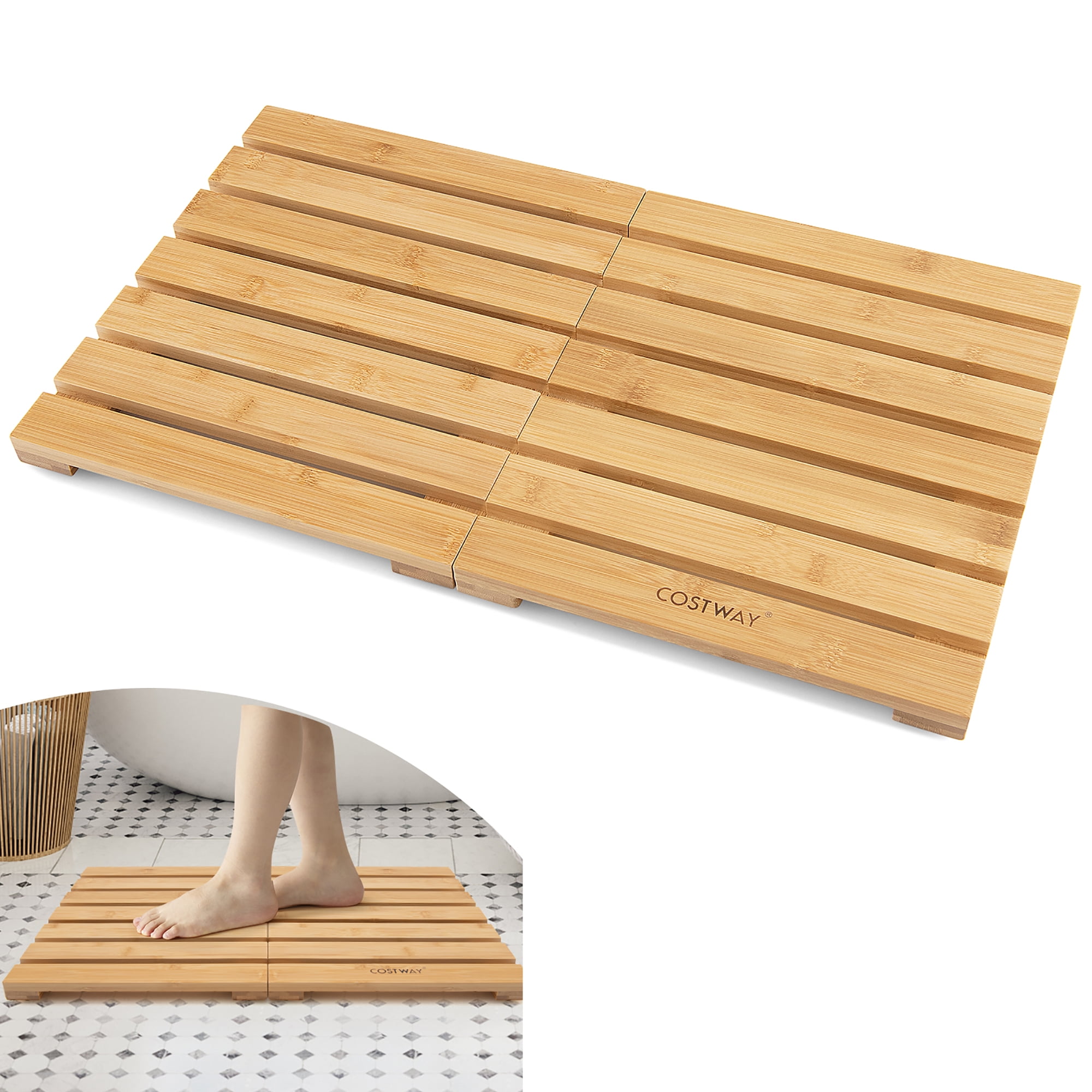  SereneLife Bamboo Bath Mat Floor Rug - Waterproof and Weather  Resistant Natural Wood Bathroom Shower Foot Carpet with Multi-Panel Strip  Foldable Roll Up Non Slip Fabric for Indoor Use - SLFBMT20 