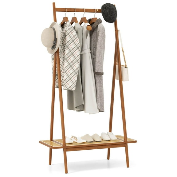 Costway Bamboo Clothes Rack Clothing Rack with Hanging Rod Rattan Shelf & 5 Copper Hooks Coffee