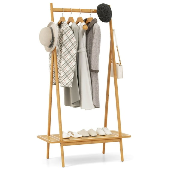 Costway Bamboo Clothes Rack Clothing Rack with Hanging Rod Rattan Shelf & 5 Copper Hooks Natural