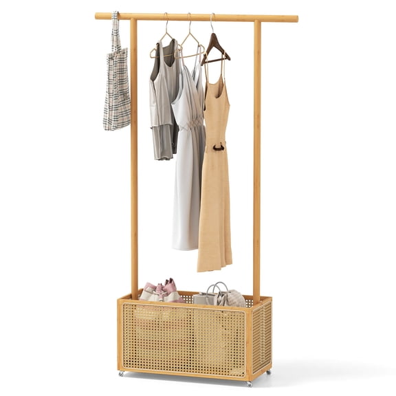 Costway Bamboo Clothes Rack with Rattan Storage Basket & Wheels, Rolling Garment Rack Beige