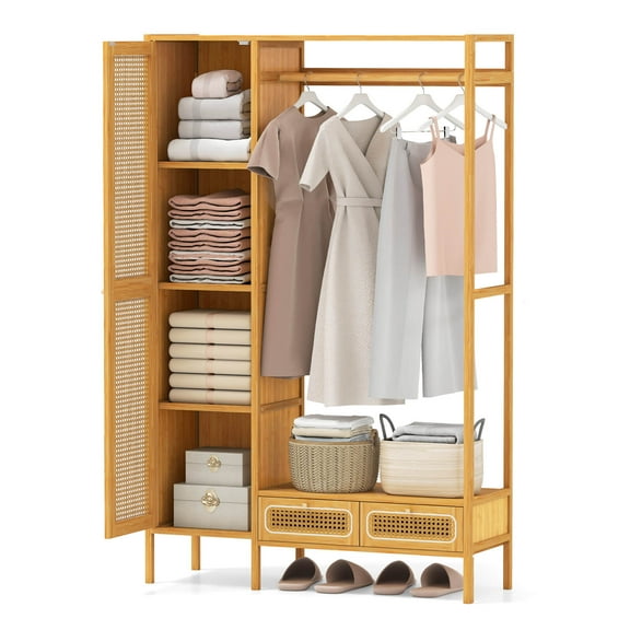 Costway Bamboo Clothing Rack with Cabinet Hanging Rod Storage Shelf & Drawers for Foyer