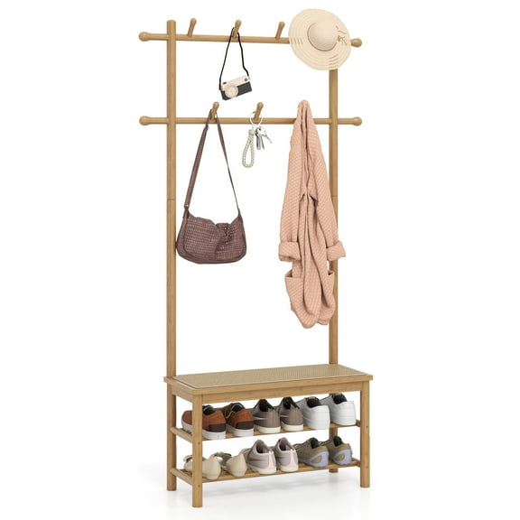 Costway Bamboo Coat Rack with Bench Shoe Storage 2 Hanging Rods 11 Hanging Hooks Shelves Beige
