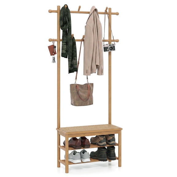 Costway Bamboo Coat Rack with Bench Shoe Storage 2 Hanging Rods 11 Hanging Hooks Shelves Beige