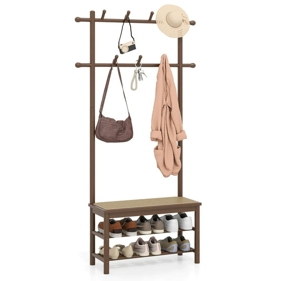 Costway Bamboo Coat Rack with Bench Shoe Storage 2 Hanging Rods 11 Hanging Hooks Shelves Brown