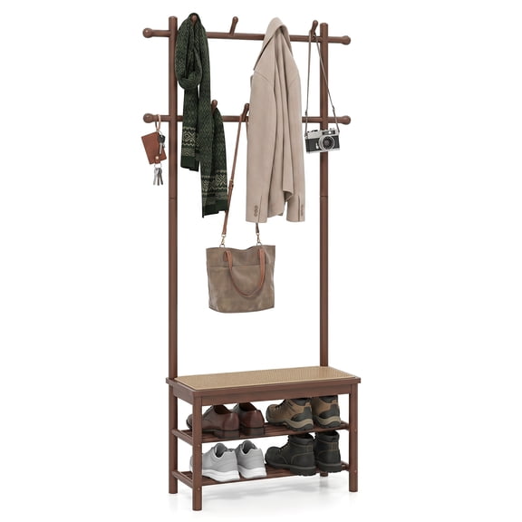 Costway Bamboo Coat Rack with Bench Shoe Storage 2 Hanging Rods 11 Hanging Hooks Shelves Brown