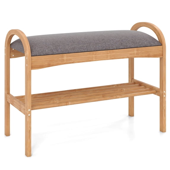 Costway Bamboo Entryway Shoe Bench 2-Tier Shoe Rack with Padded Seat Cushion for Hallway
