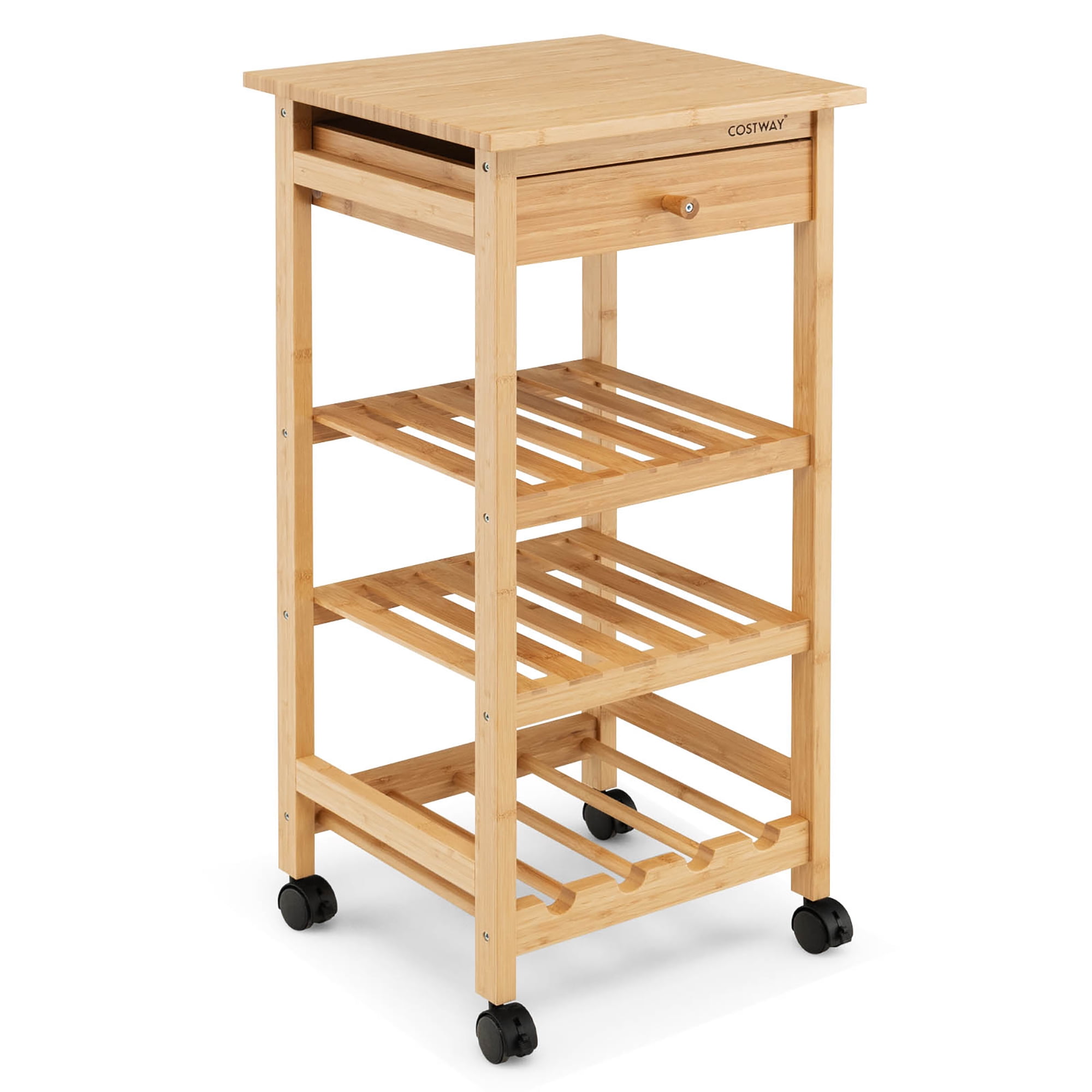 Costway Bamboo Rolling Kitchen Island Utility Trolley Cart w/Drawer