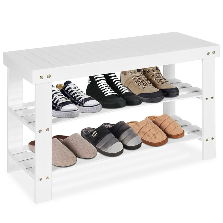 Costway Bamboo Shoe Rack Bench 3-Tier Storage Shelf Holder Home Entryway Hallway in White