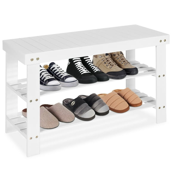 Costway Bamboo Shoe Rack Bench 3-Tier Storage Shelf Holder Home Entryway Hallway White