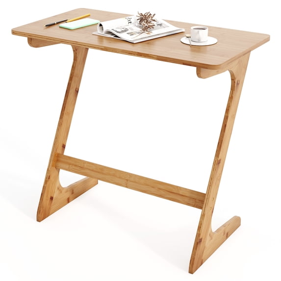 Costway Bamboo Sofa Side Table Z-Shaped Spacious Tabletop Space-Saving TV Snack Tray Natural