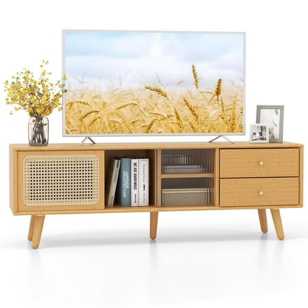 Costway - Bamboo TV Stand Console Table with PE Rattan  Door & 2 Drawers for TV up to 65'' Natural - Natural Bamboo