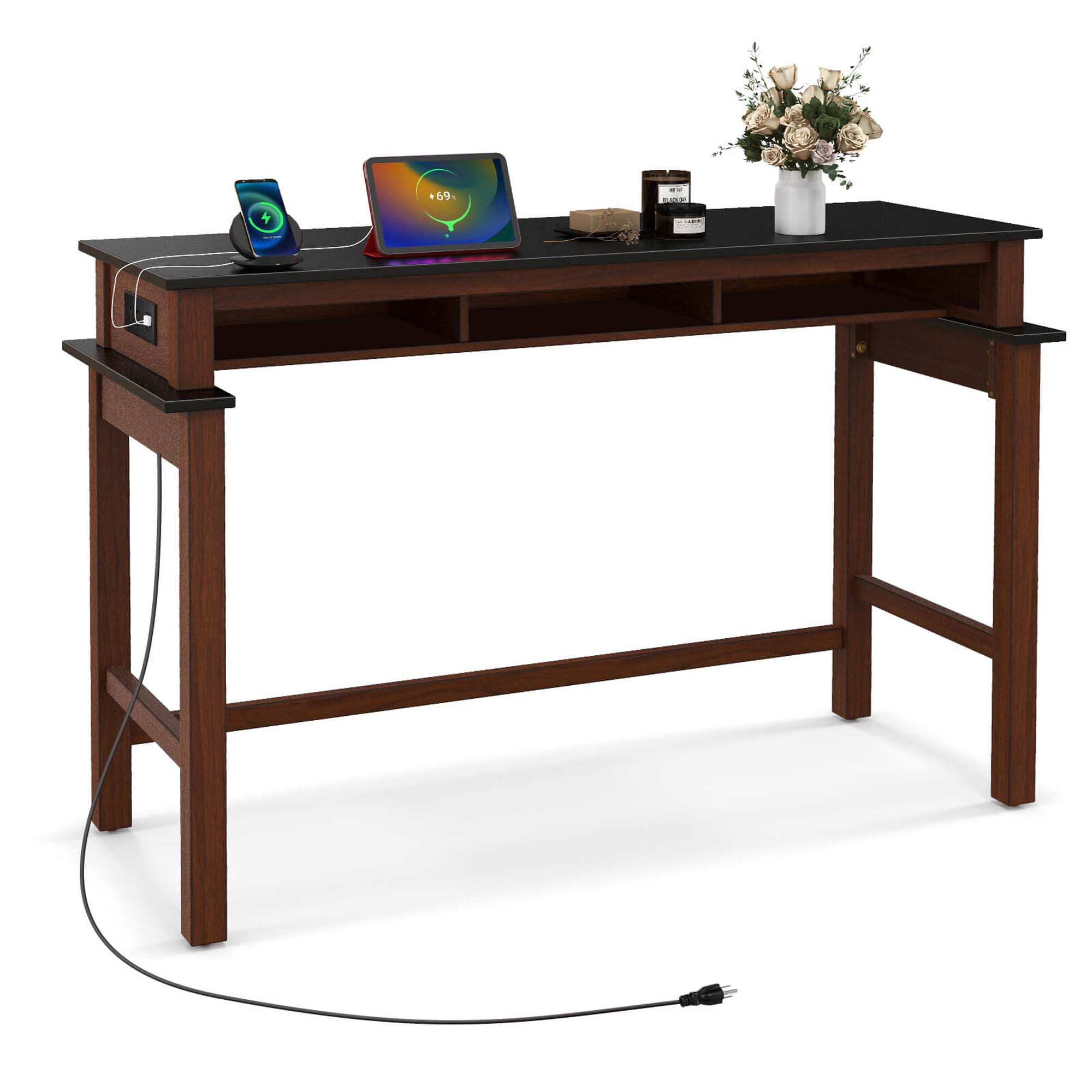 Black Rubberwood Counter Height Table with Storage and Power Outlets