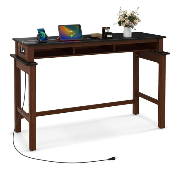 Costway Bar Table with Power Outlets Counter Height Table with Storage Compartments Wooden Black