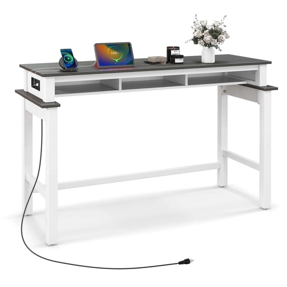 Costway Bar Table with Power Outlets Counter Height Table with Storage Compartments Wooden Grey