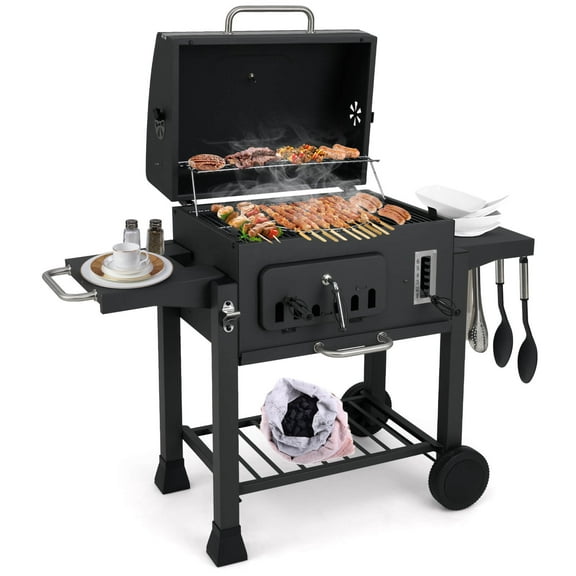 Costway Barrel Charcoal Grill 544 sq.in. with 2 Folding Side Tables 24-Inch Outdoor Barbecue Grill