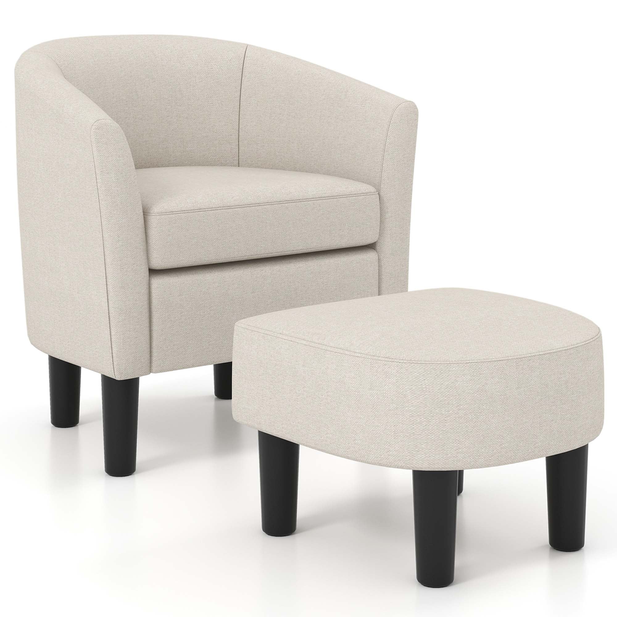 Costway Barrel Club Chair with Ottoman Set Footrest Curved Back Removable Seat Cushion Beige