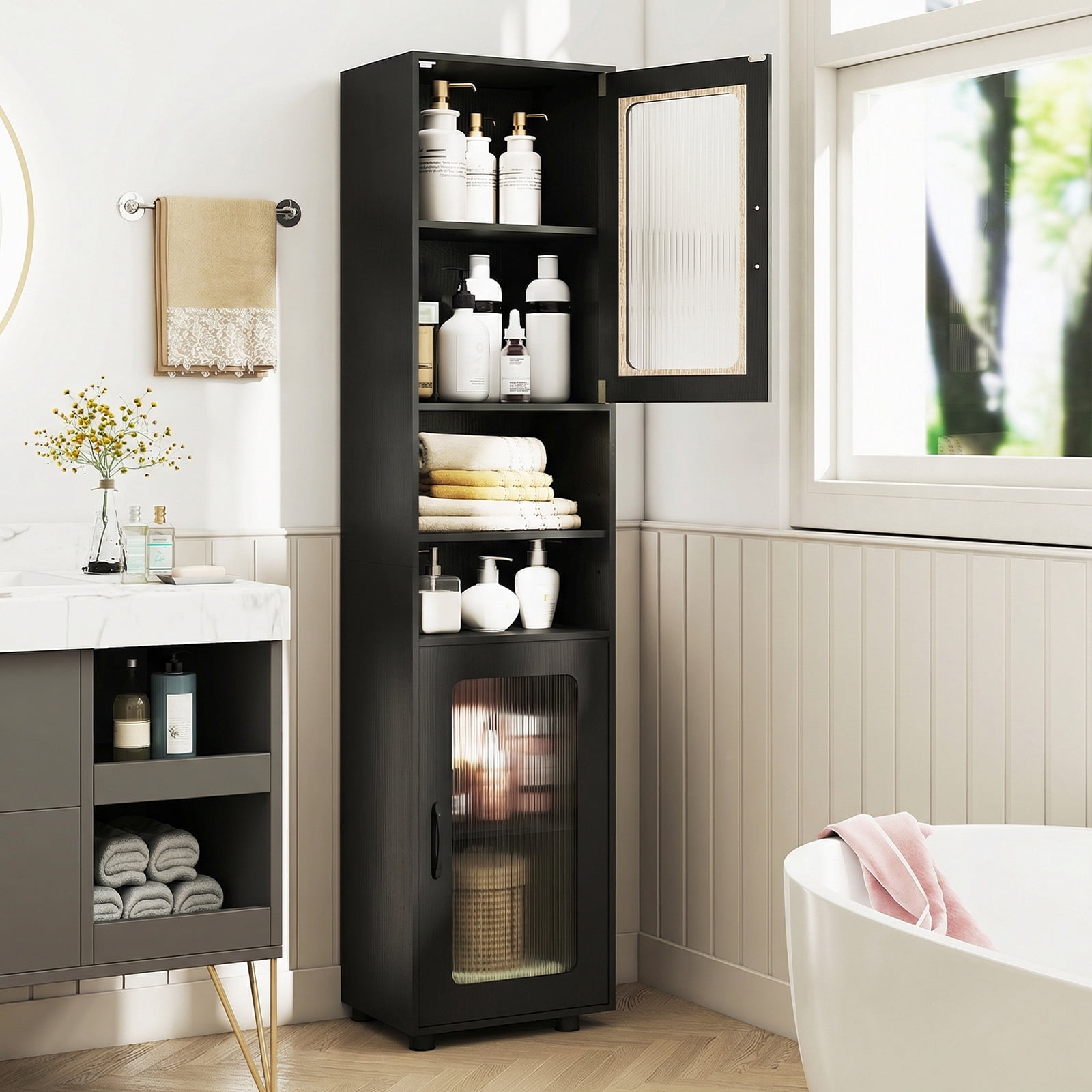 Costway Bathroom Cabinet, Slim Floor Storage Cabinet with 2 Fluted Doors,4 Rubber Feet Black