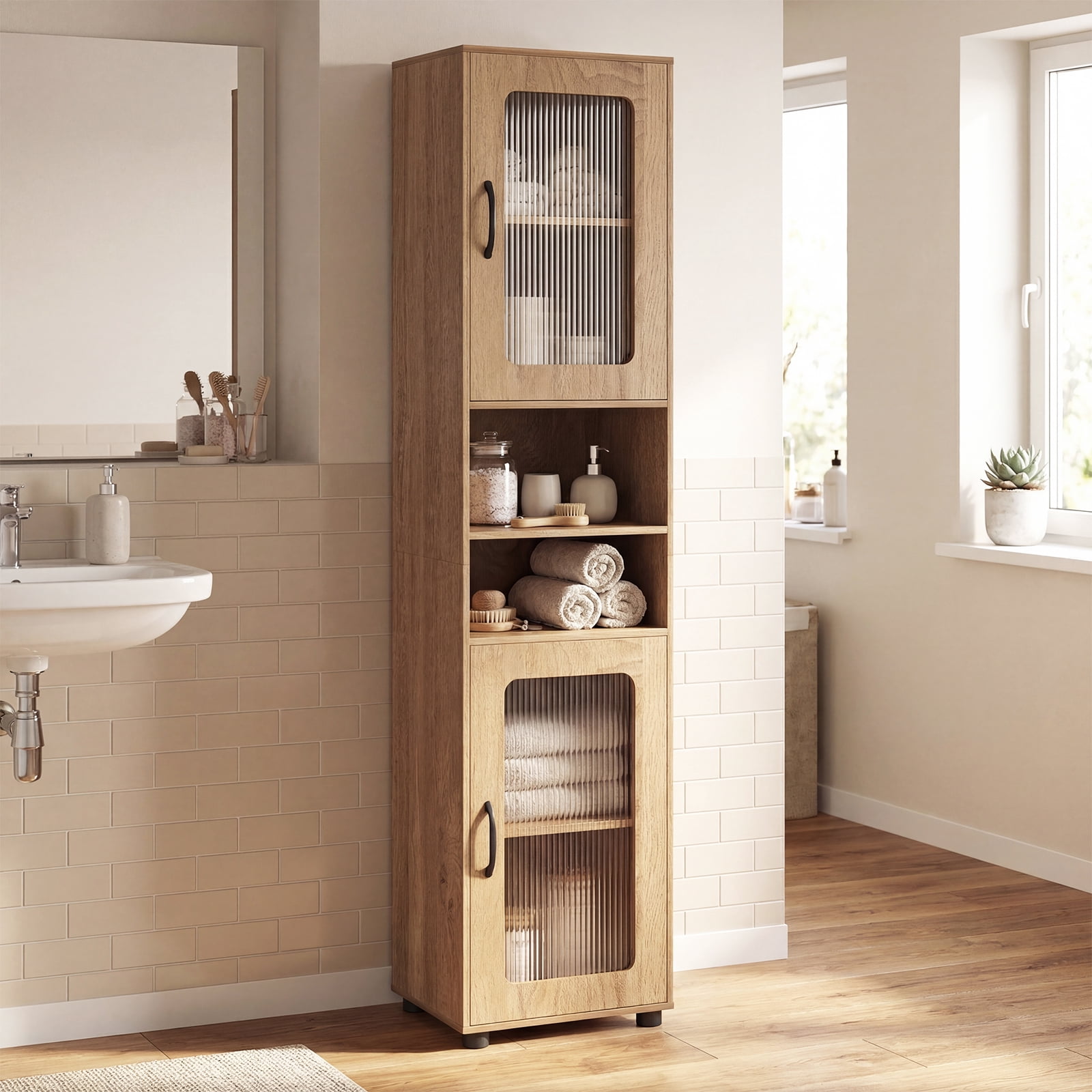 Costway Bathroom Cabinet, Slim Floor Storage Cabinet with 2 Fluted Doors,4 Rubber Feet Natural
