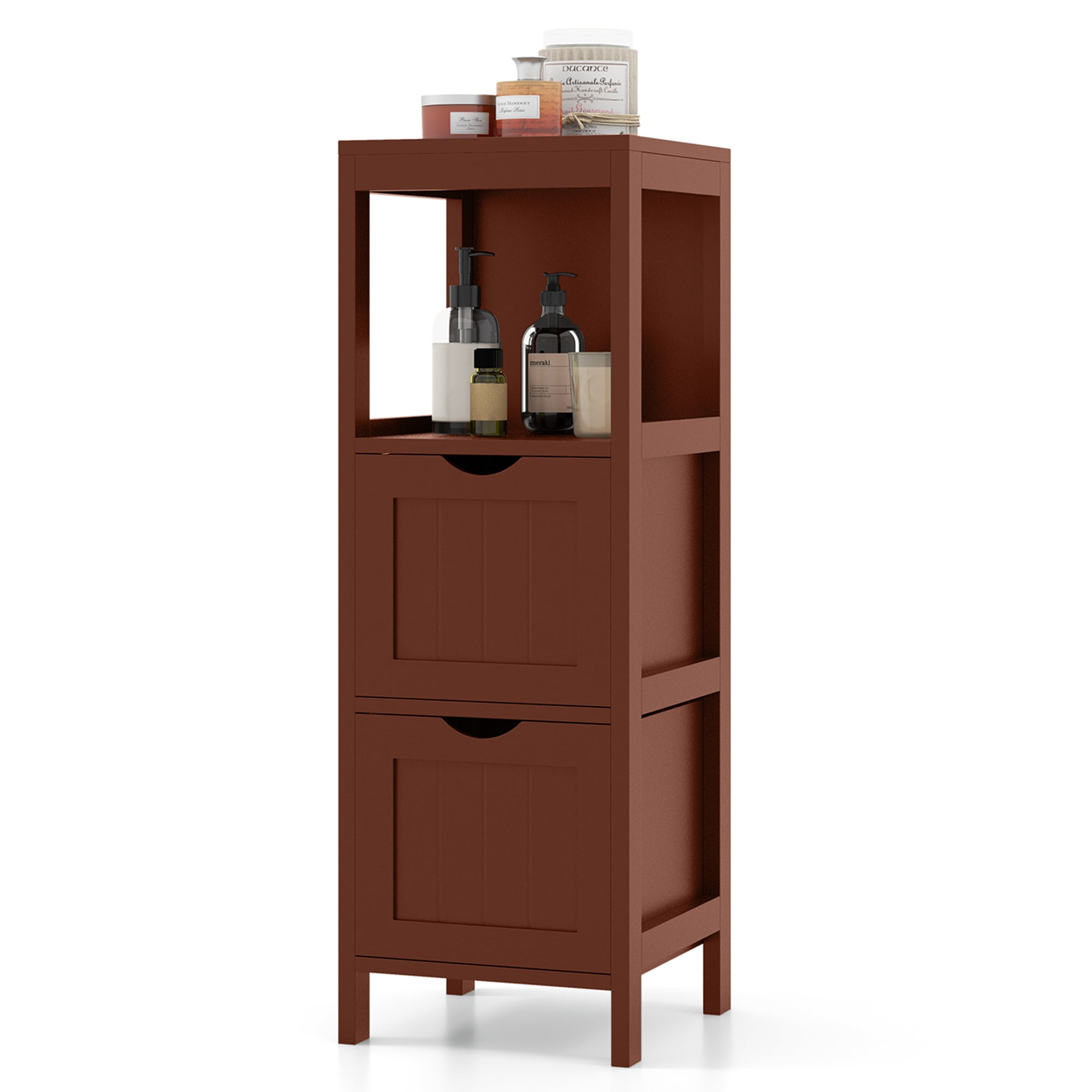 HITNET Rattan Bathroom Storage Cabinet - Bamboo Freestanding Floor Cupboard With 2 Doors & Shelves