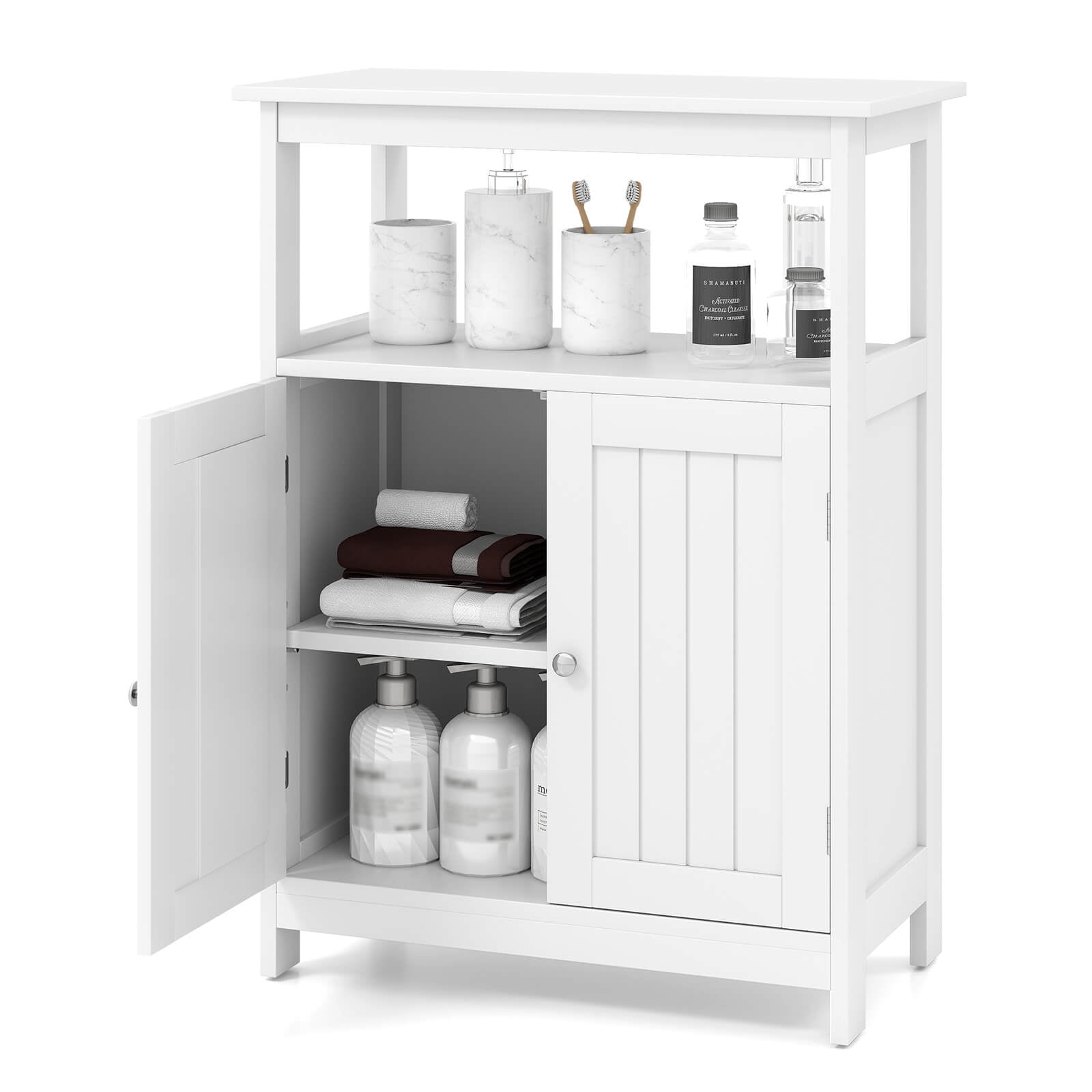 Costway Bathroom Floor Cabinet Freestanding Storage Organizer with 2 Doors Open Compartment White