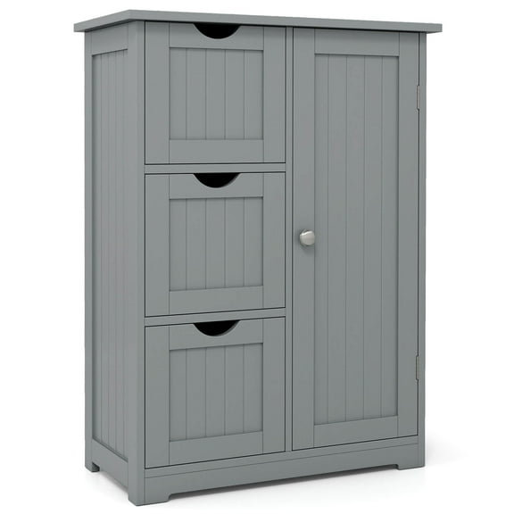 Costway Bathroom Floor Cabinet Side Storage Cabinet with 3 Drawers and 1 Cupboard Grey
