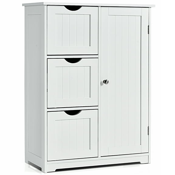 Costway Bathroom Floor Cabinet Side Storage Cabinet with 3 Drawers and 1 Cupboard White