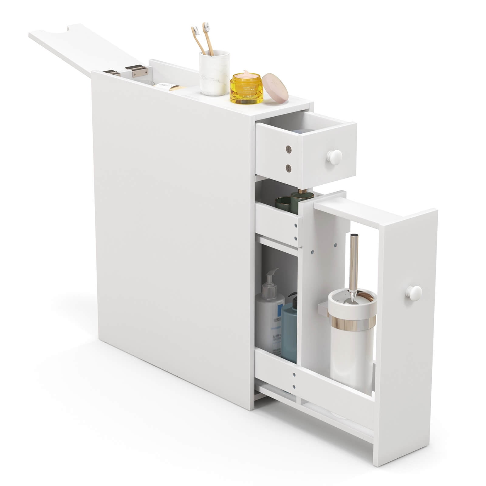 White MDF Freestanding Bathroom Cabinet with Flip Top and Pull-Out Shelves