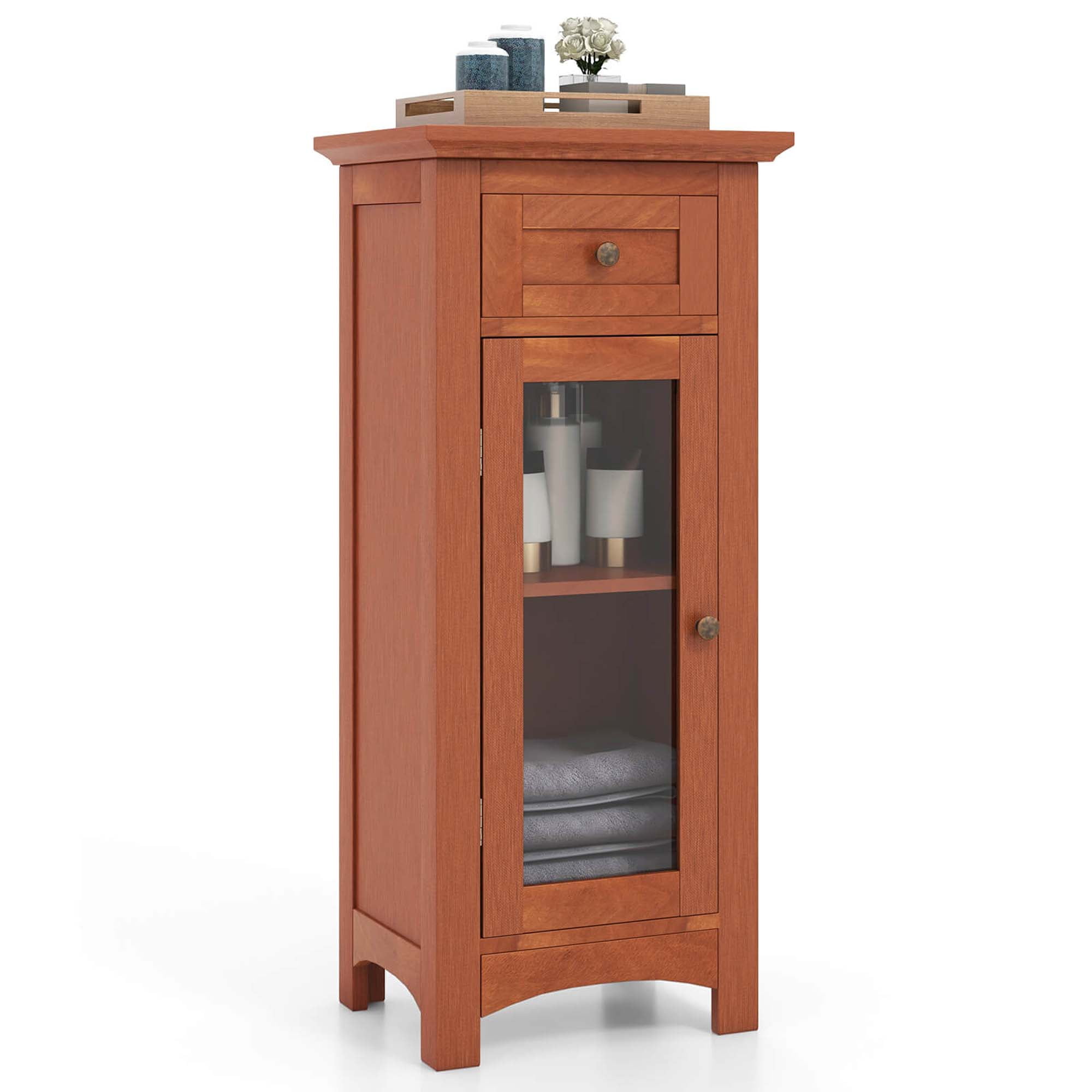 Costway Bathroom Floor Cabinet with Single Glass Door Drawer & Adjustable Shelf Brown