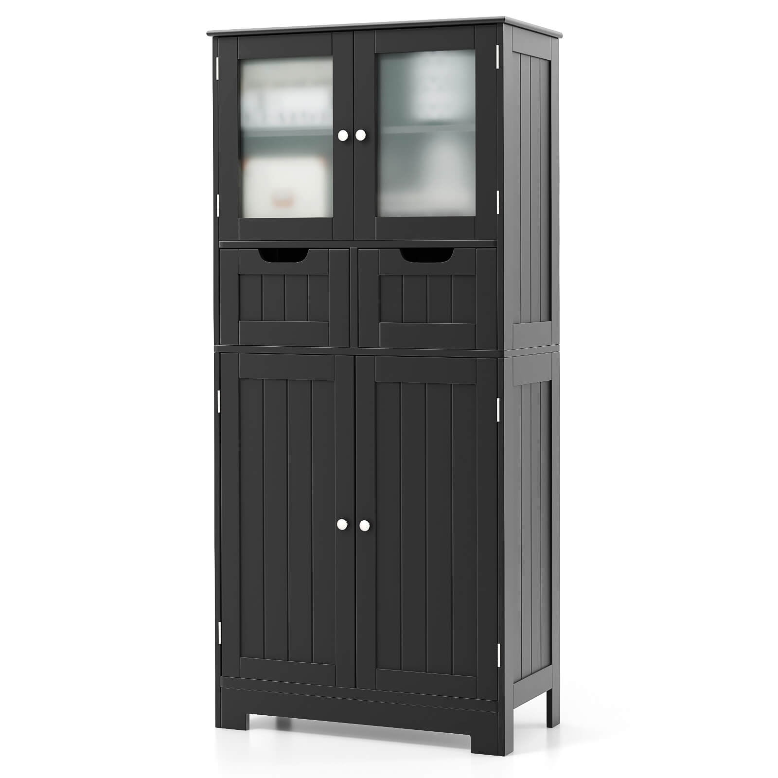 Costway Bathroom Floor Storage Cabinet Kitchen Cupboard with 2 Drawers & Glass Doors Black