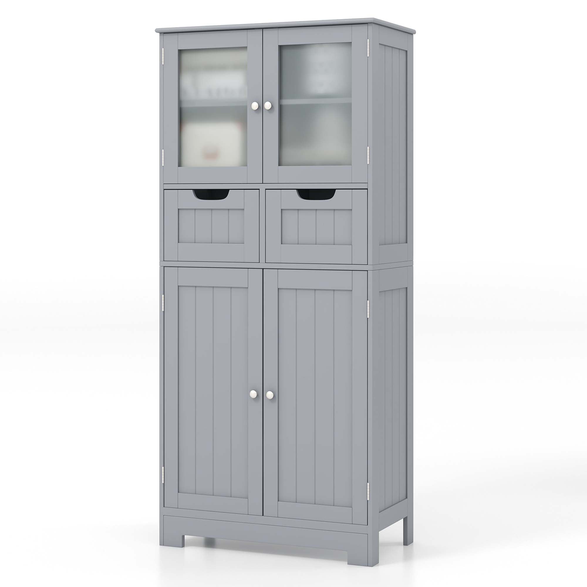 Costway Bathroom Floor Storage Cabinet Kitchen Cupboard with 2 Drawers & Glass Doors Gray