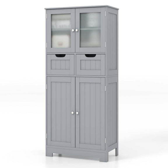 Costway Bathroom Floor Storage Cabinet Kitchen Cupboard with 2 Drawers & Glass Doors Gray