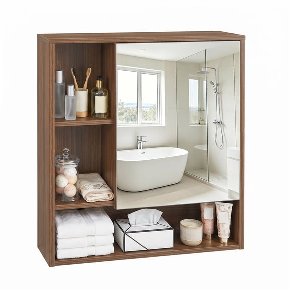 Costway Bathroom Mirror Cabinet with 2 Hidden Storage Shelves, 3 Open Storage Compartments Walnut