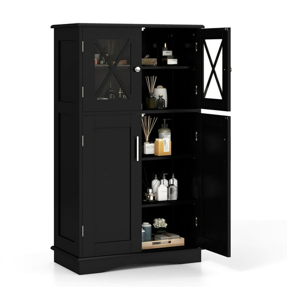 Costway Bathroom Storage Cabinet Linen Storage Cabinet with Doors and Adjustable Shelves Black