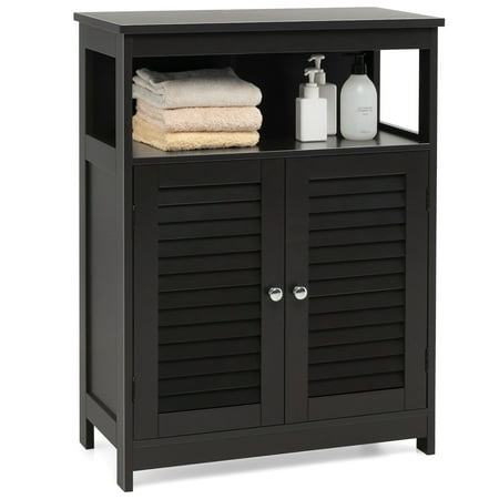 Costway Bathroom Storage Cabinet Wood Floor Cabinet w/ Double Shutter Door Black