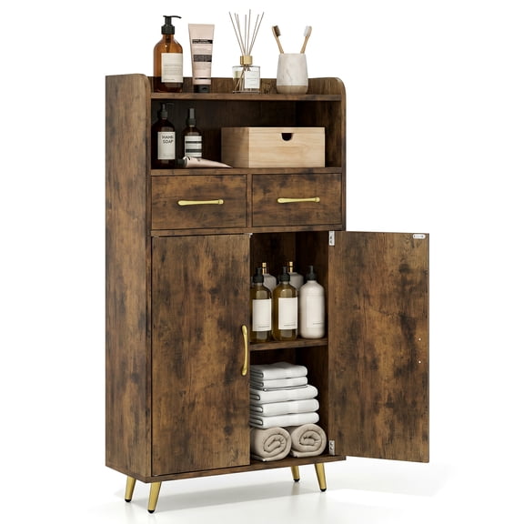 Costway Bathroom Storage Cabinet with 2 Drawers and 2 Doors, Adjustable Shelf & Metal Legs Rustic Brown