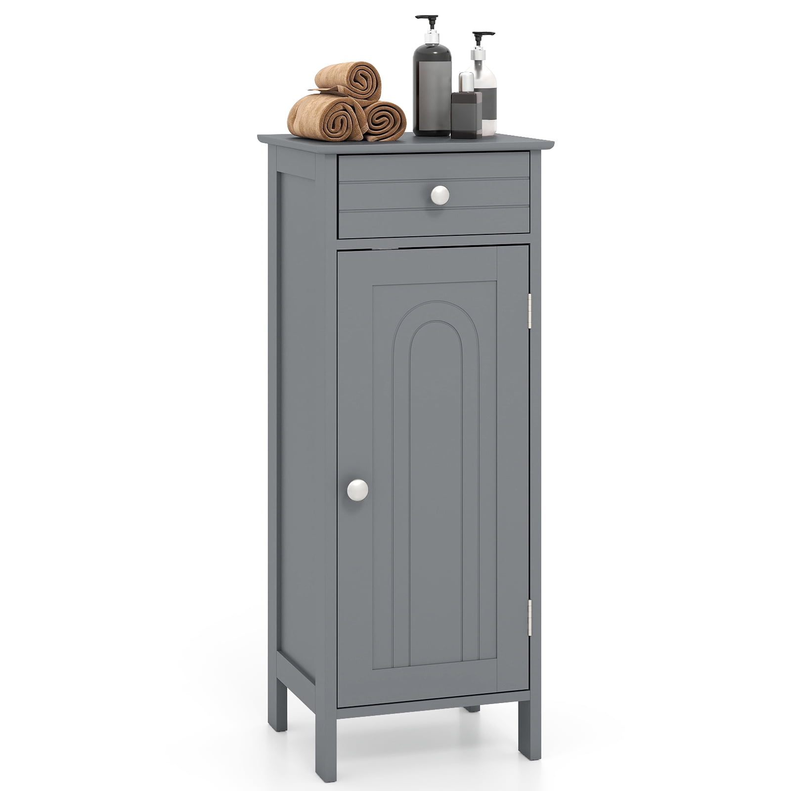 Costway Bathroom Storage Floor Cabinet Organizer Free-Standing w/ Drawer Grey