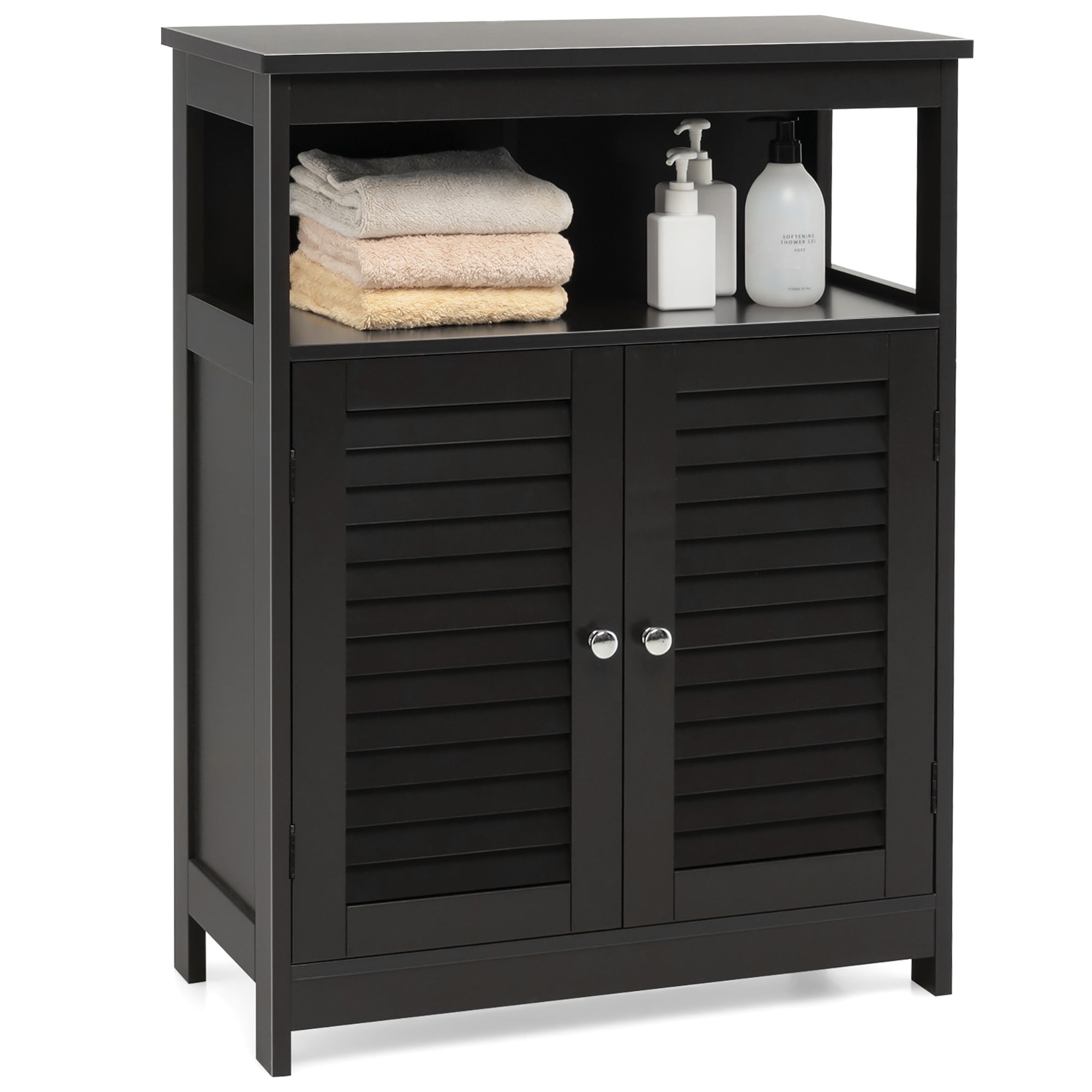 Costway Tall Freestanding Wooden Bathroom Storage Cabinet with Large ...