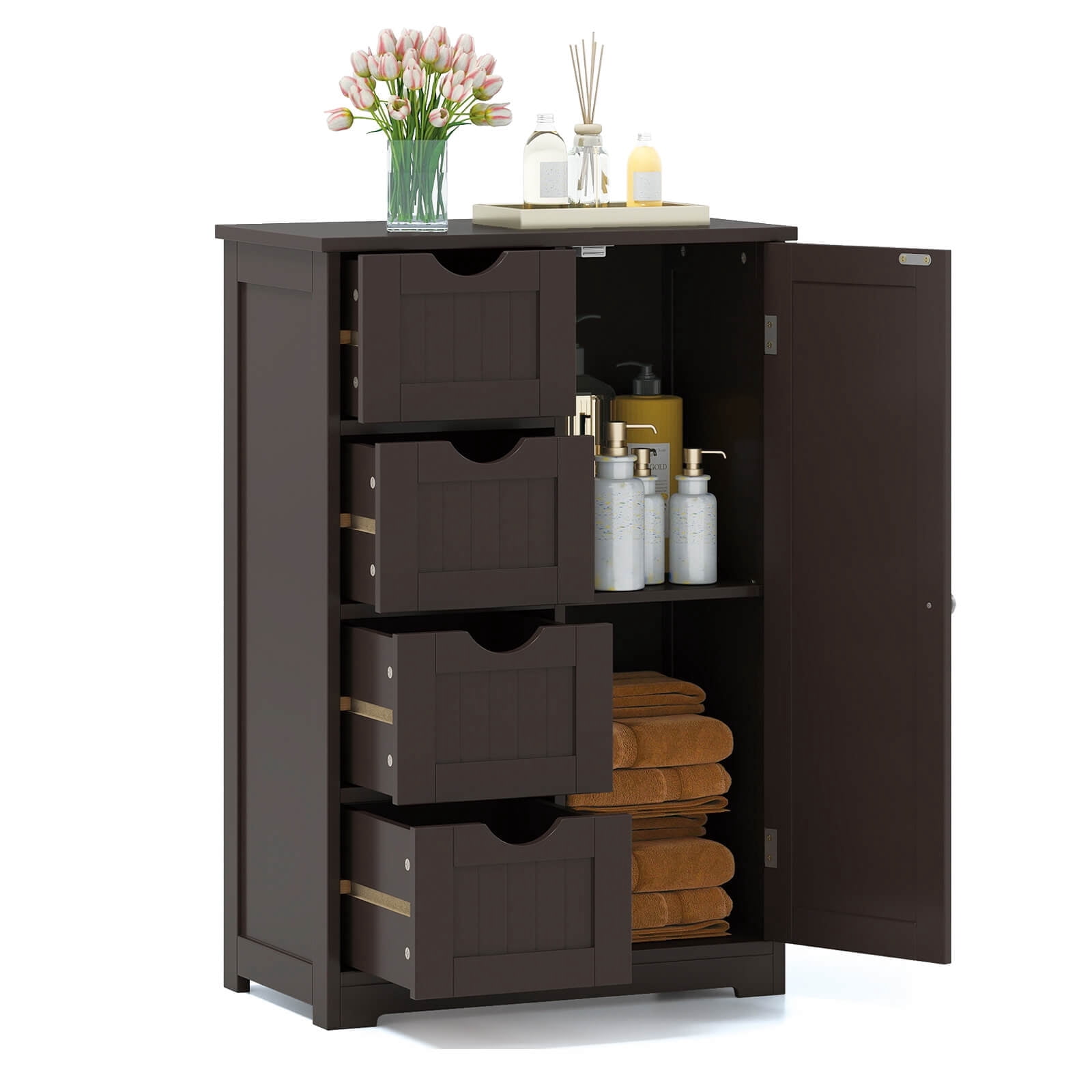 Costway 4-drawer MDF Board Free Standing Storage Cabinet with 2 Shelves in Brown