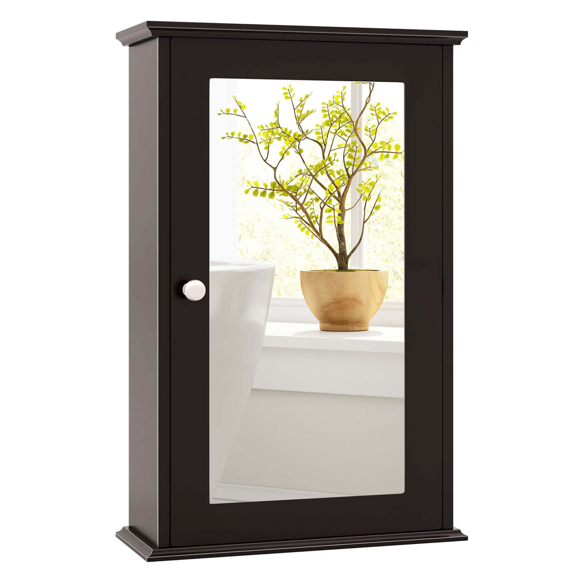 Brown MDF Bathroom Wall Cabinet with Mirror Door