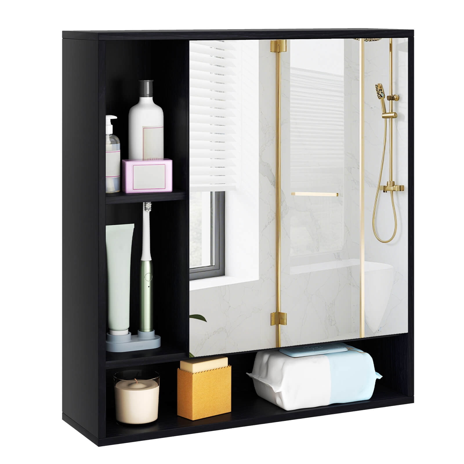 Costway Bathroom Wall Cabinet with Mirror, Single Door, 3 Open Shelves & Adjustable Shelf Black